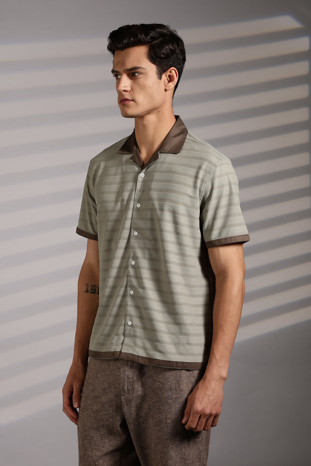 Textured Fabric: Sage Green Stripes Cuban Shirt