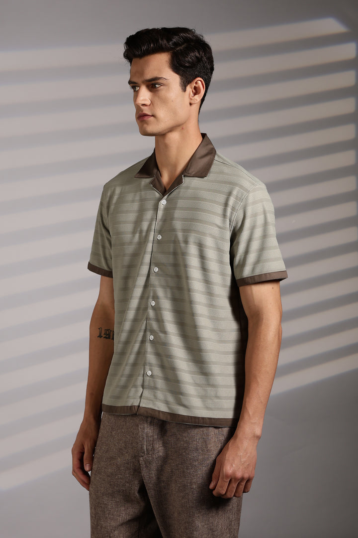 Textured Fabric: Sage Green Stripes Cuban Shirt