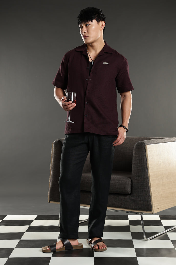 Classic: Textured Fabric Maroon Cotton Cuban Shirt