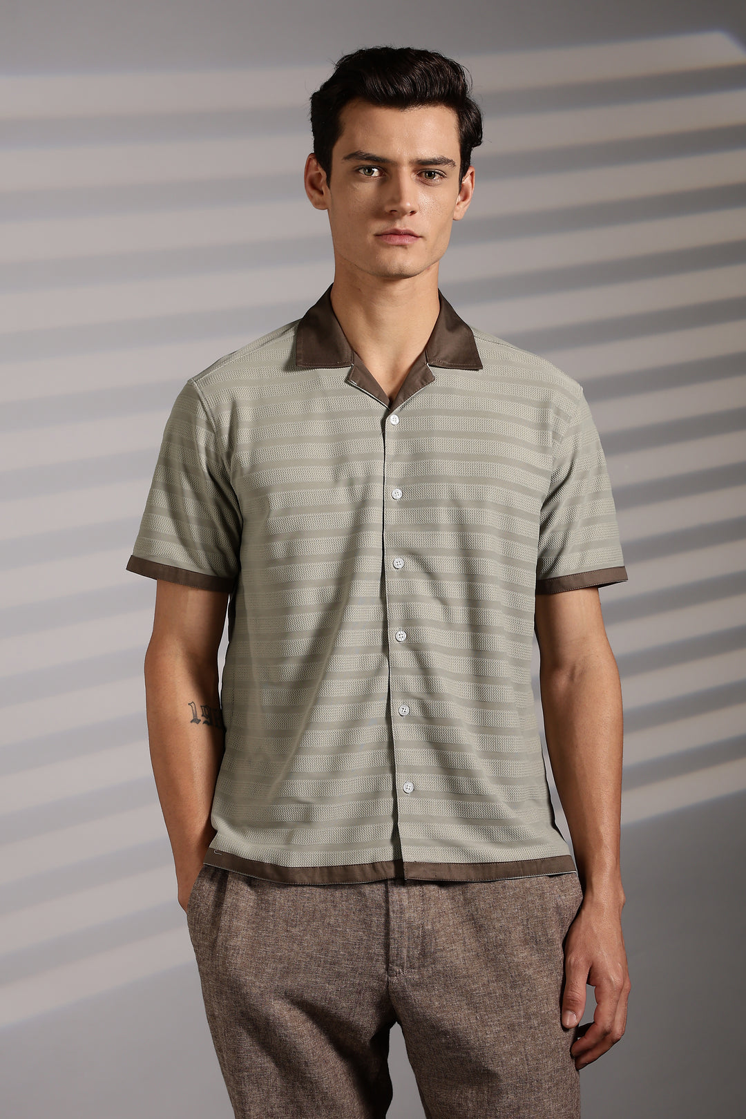 Textured Fabric: Sage Green Stripes Cuban Shirt