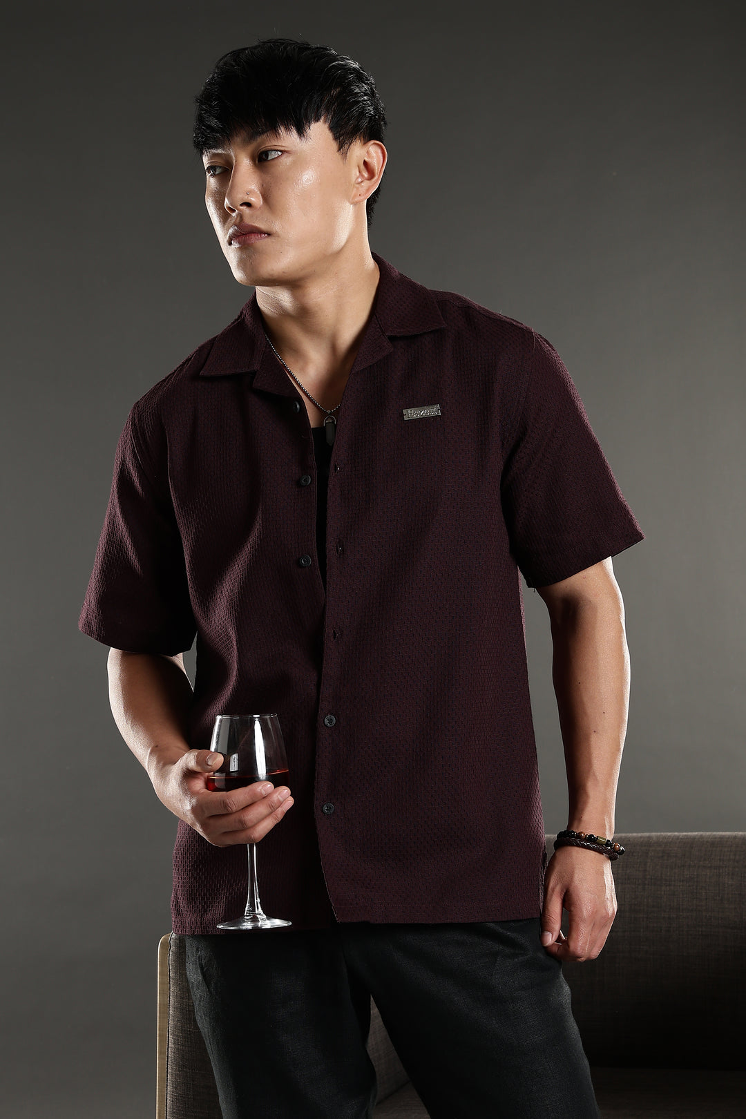 Classic: Textured Fabric Maroon Cotton Cuban Shirt