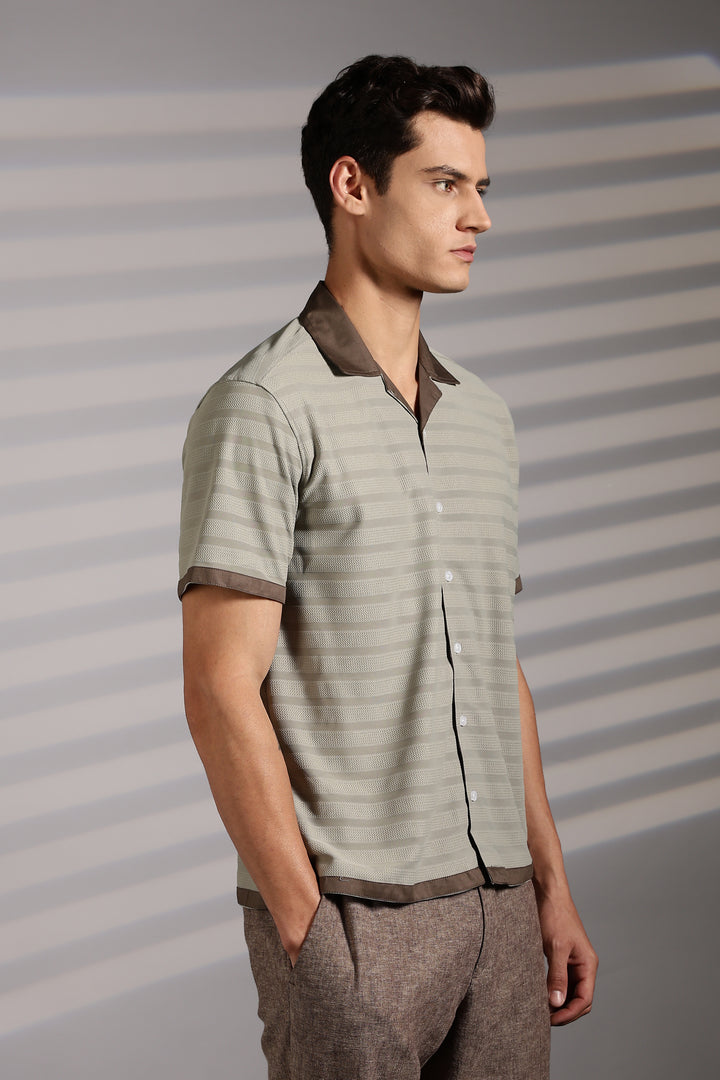 Textured Fabric: Sage Green Stripes Cuban Shirt