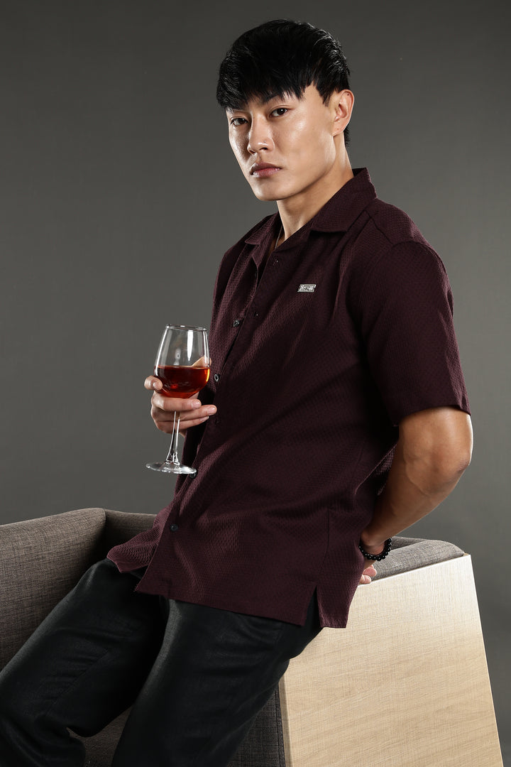 Classic: Textured Fabric Maroon Cotton Cuban Shirt