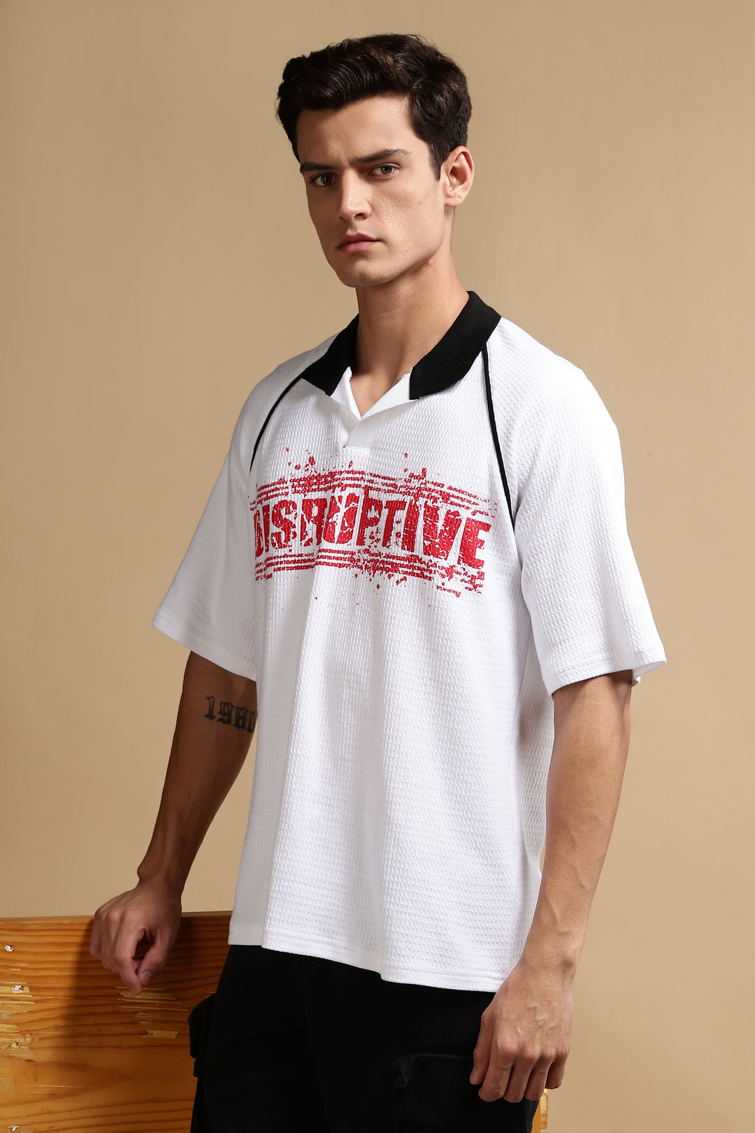 Disruptive Textured Fabric white Oversized polo
