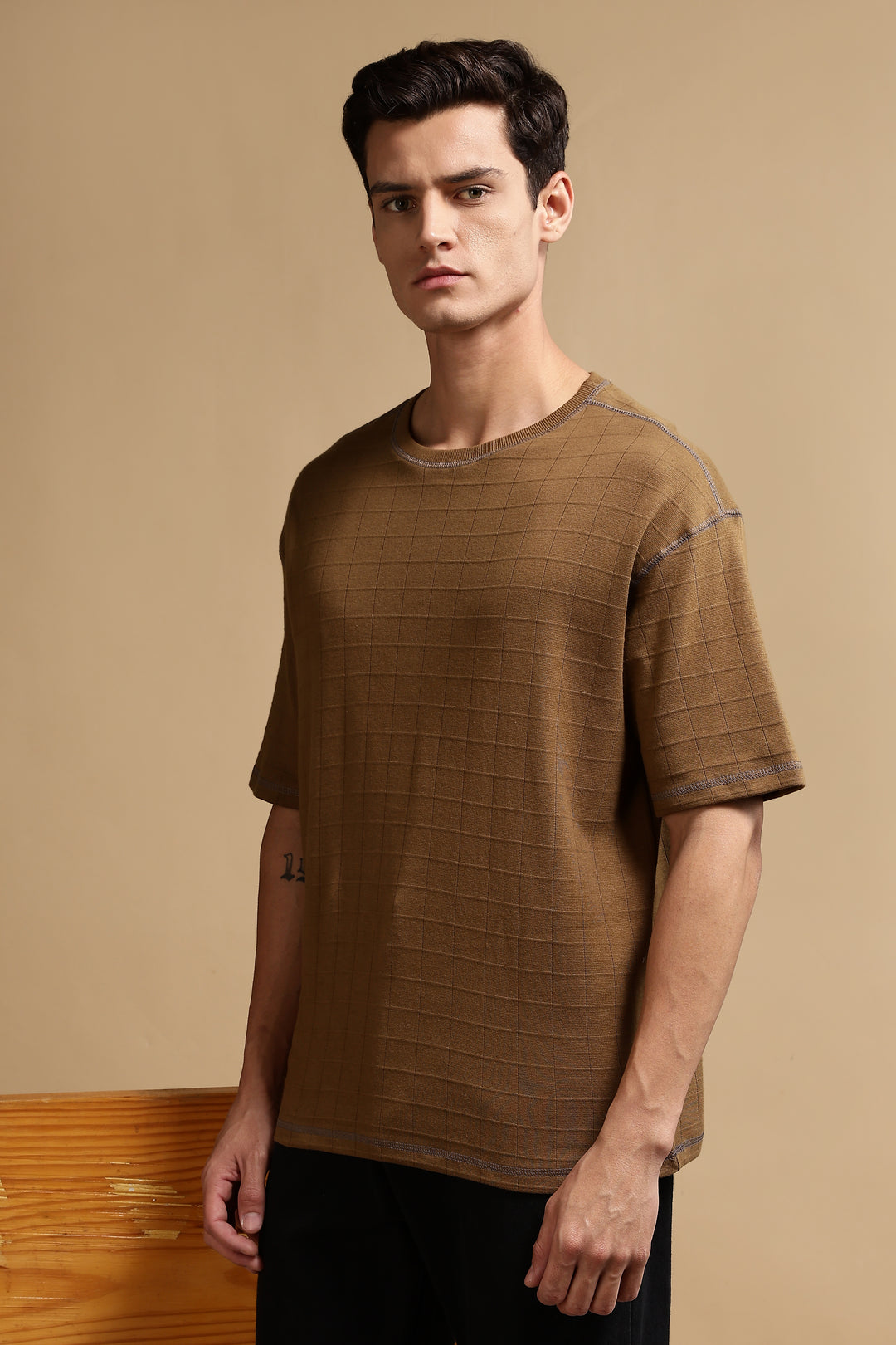 Textured Fabric Brown Oversized T- Shirt