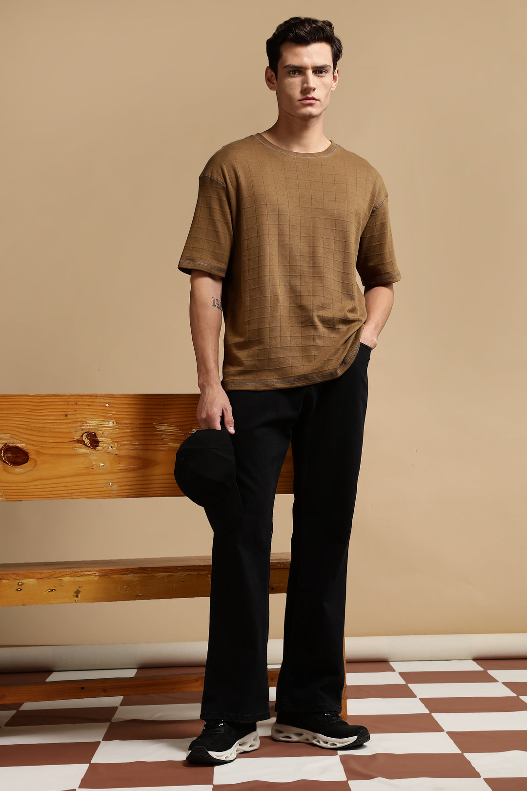 Textured Fabric Brown Oversized T- Shirt