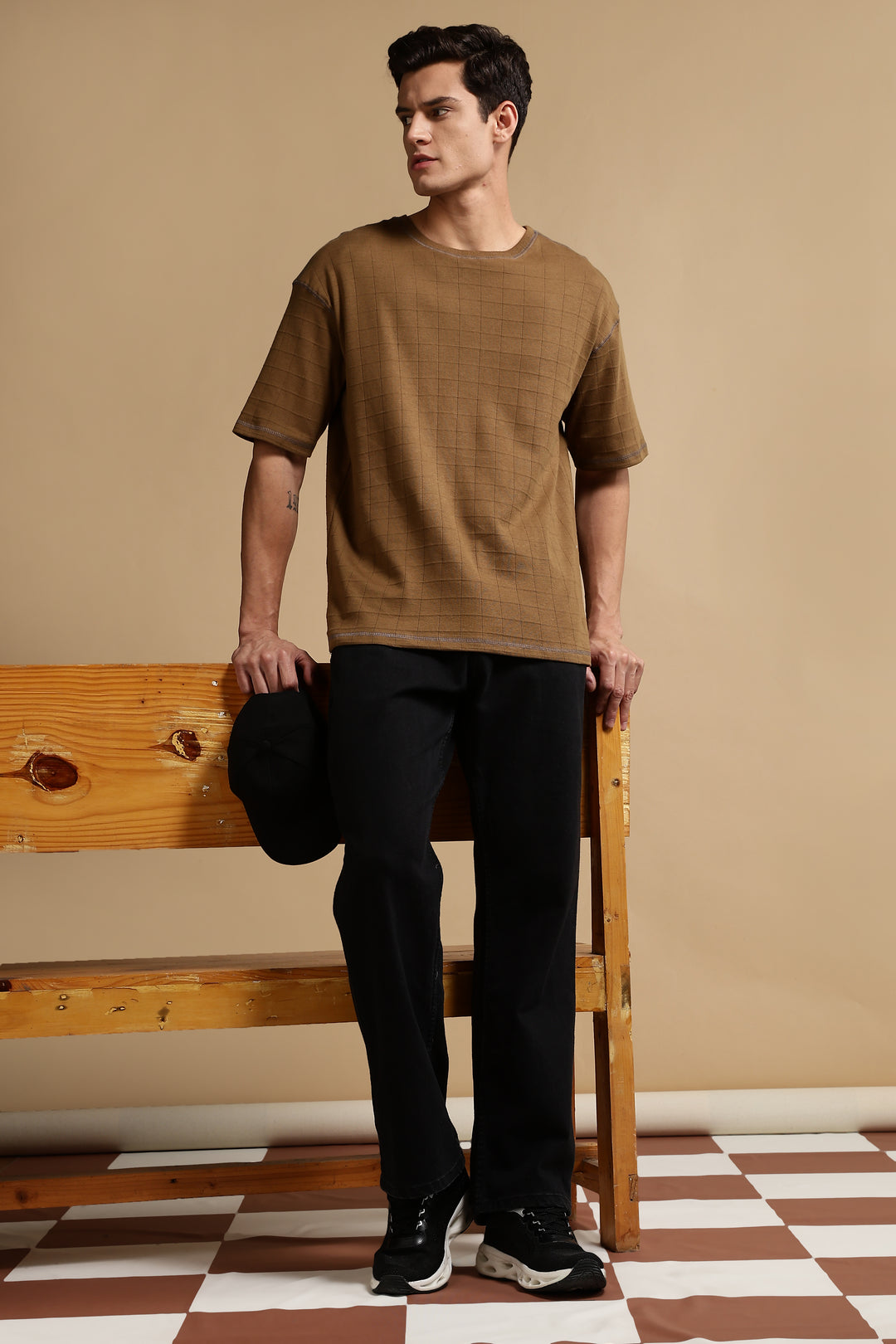 Textured Fabric Brown Oversized T- Shirt