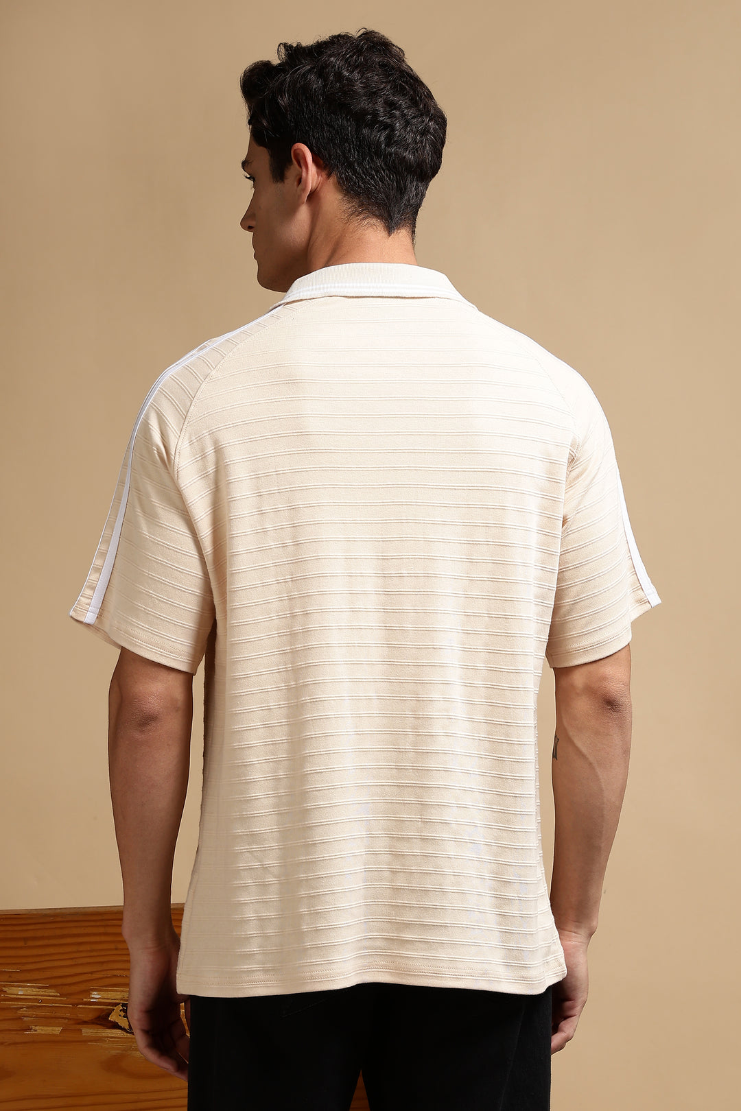 Textured Fabric Ochre Oversized Polo Shirt