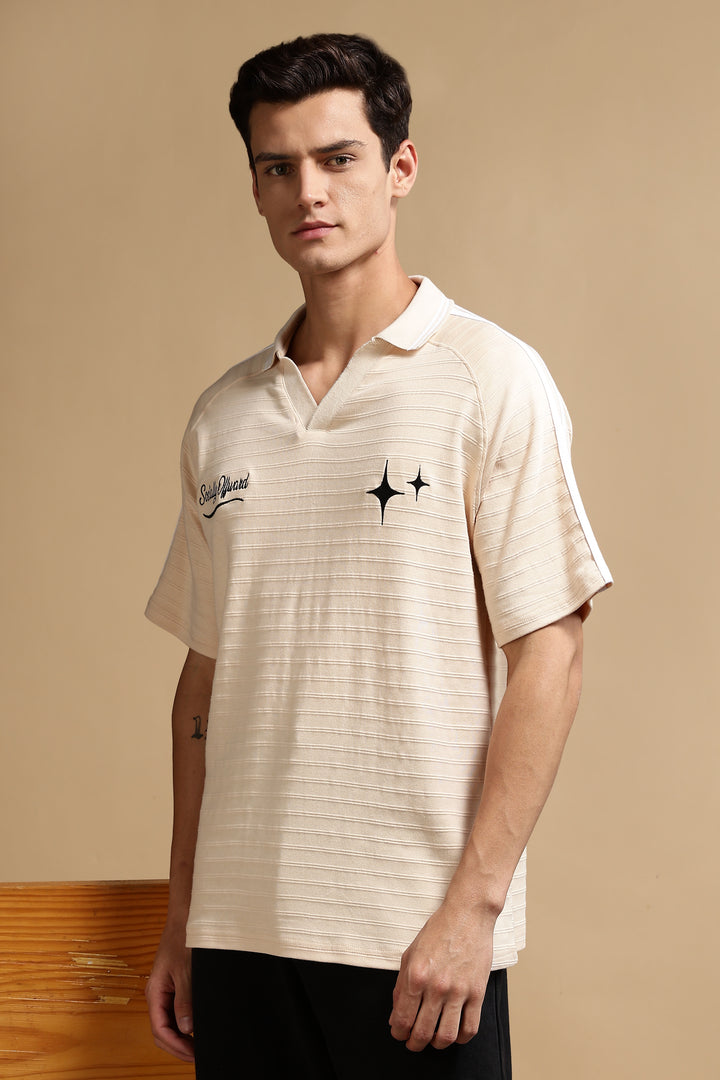 Textured Fabric Ochre Oversized Polo Shirt