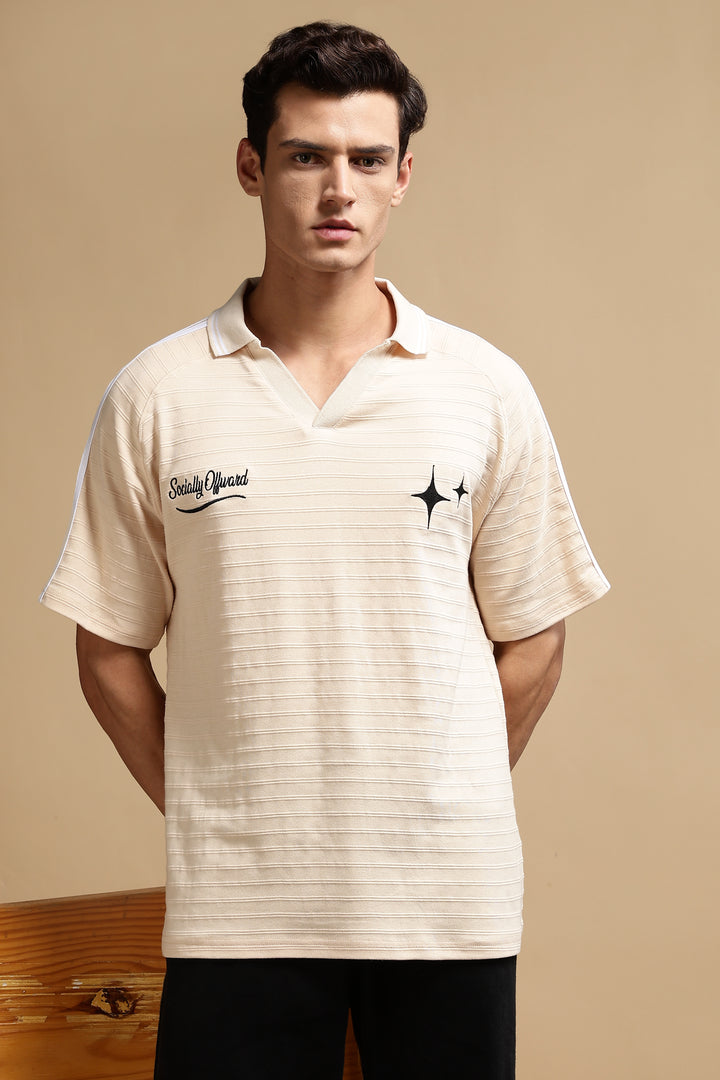 Textured Fabric Ochre Oversized Polo Shirt
