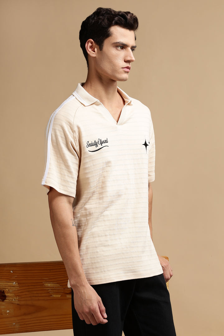 Textured Fabric Ochre Oversized Polo Shirt