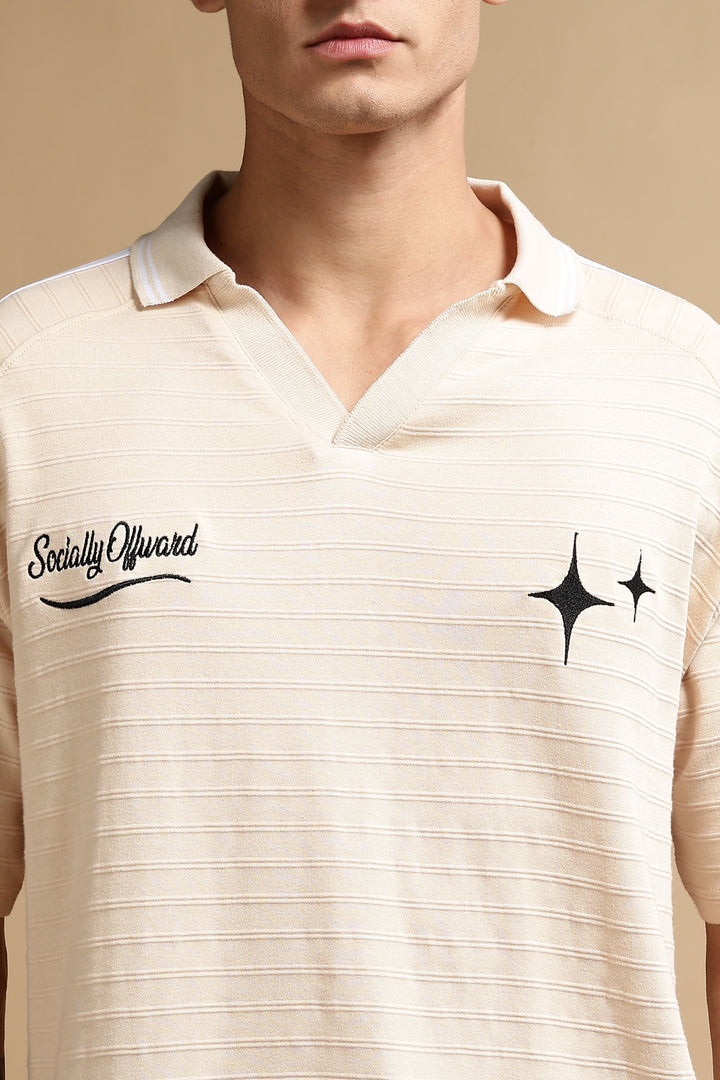 Textured Fabric Ochre Oversized Polo Shirt