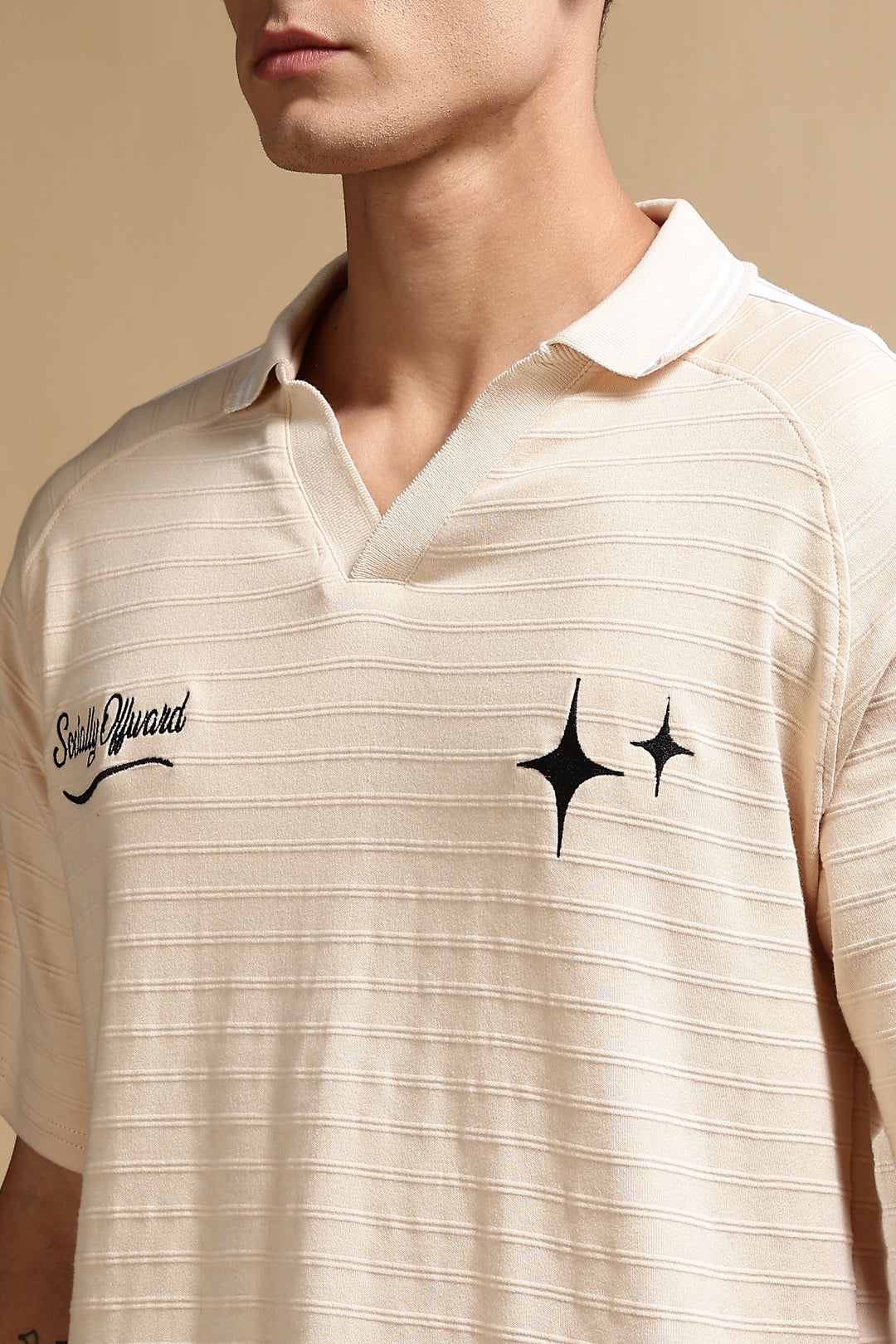 Textured Fabric Ochre Oversized Polo Shirt