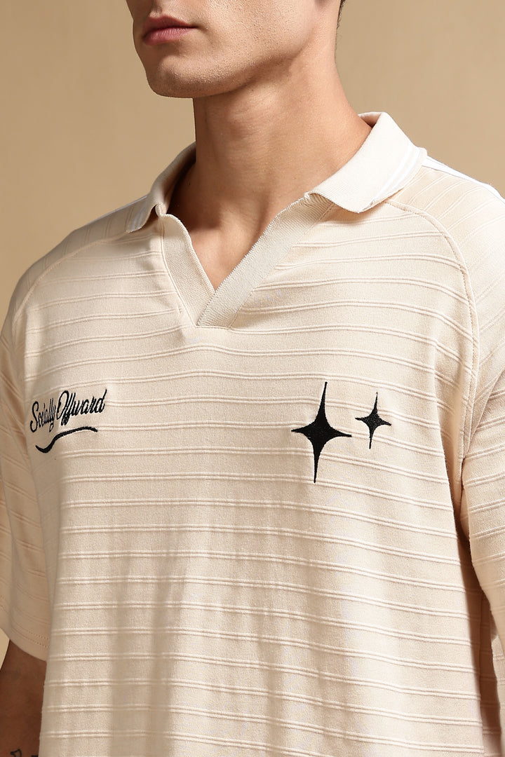 Textured Fabric Ochre Oversized Polo Shirt
