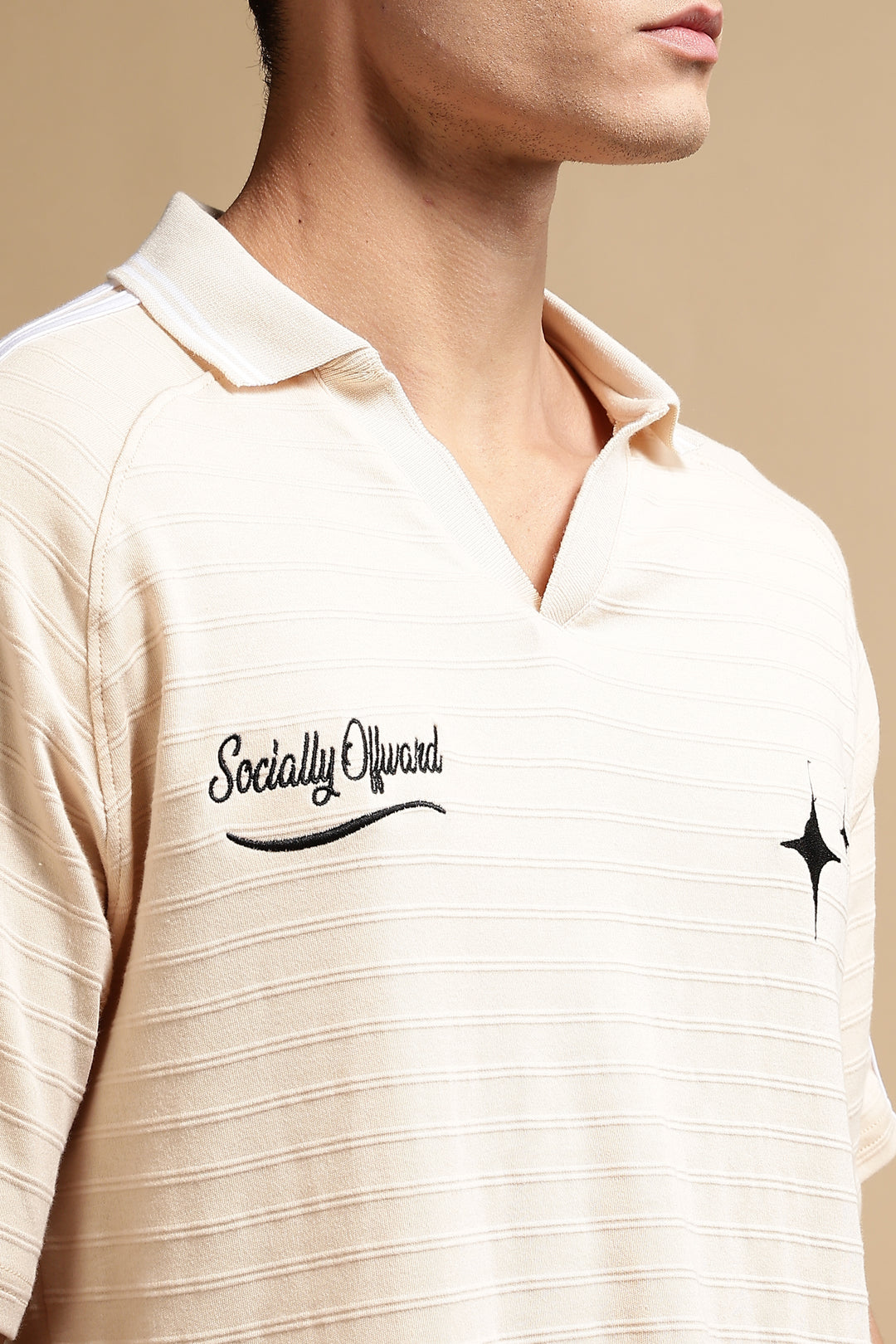 Textured Fabric Ochre Oversized Polo Shirt