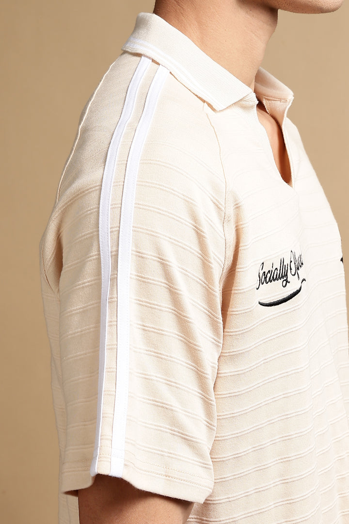 Textured Fabric Ochre Oversized Polo Shirt