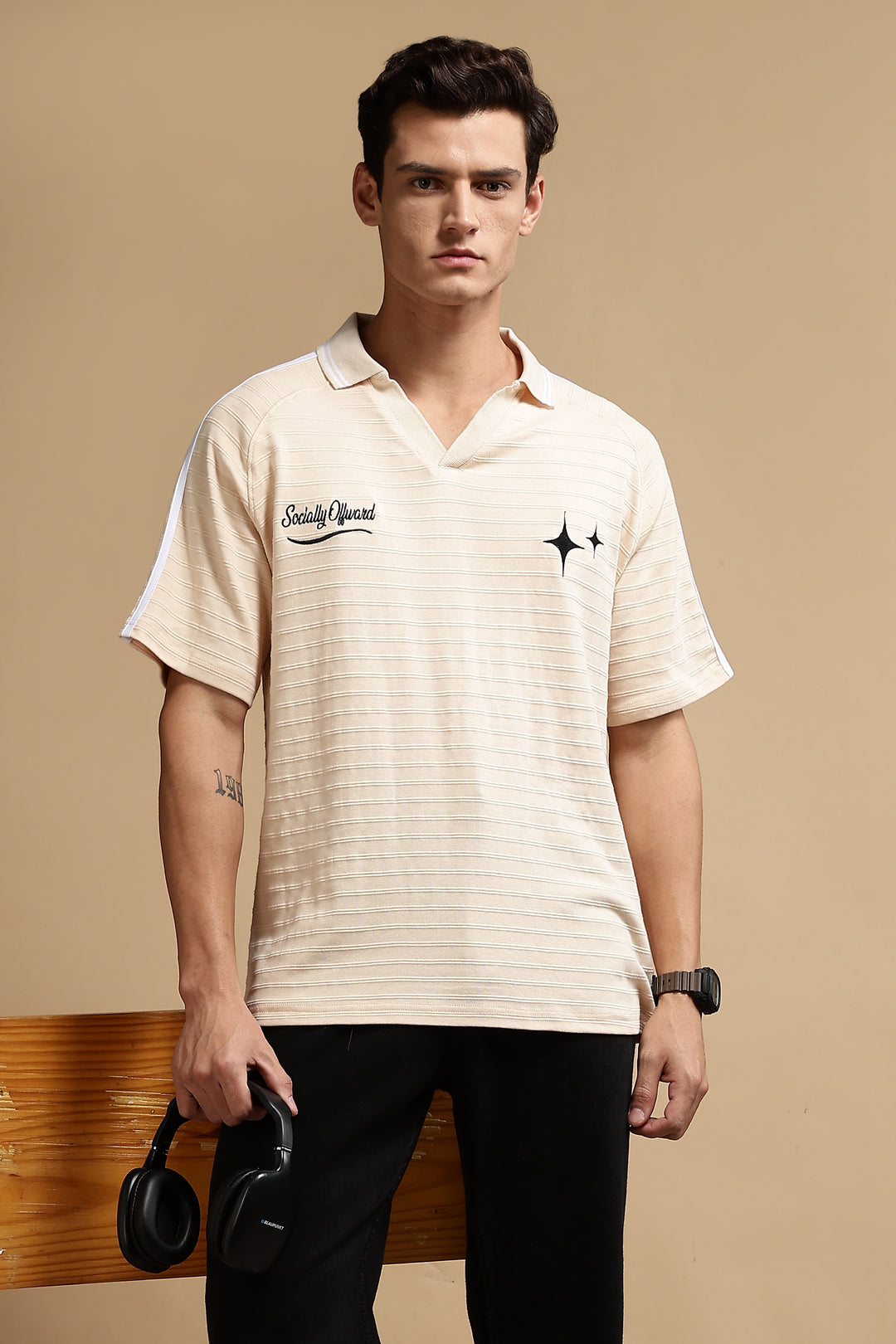Textured Fabric Ochre Oversized Polo Shirt