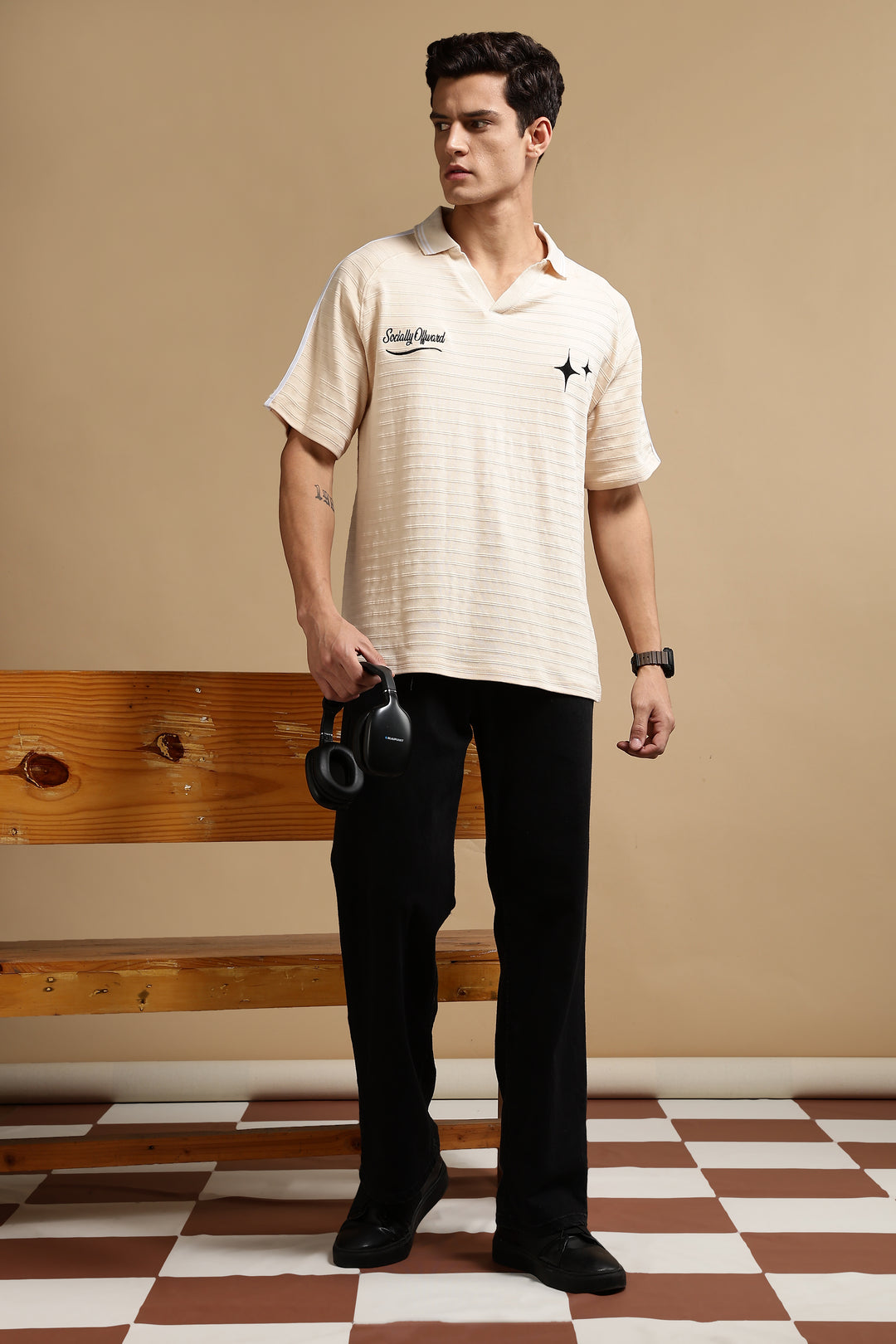 Textured Fabric Ochre Oversized Polo Shirt