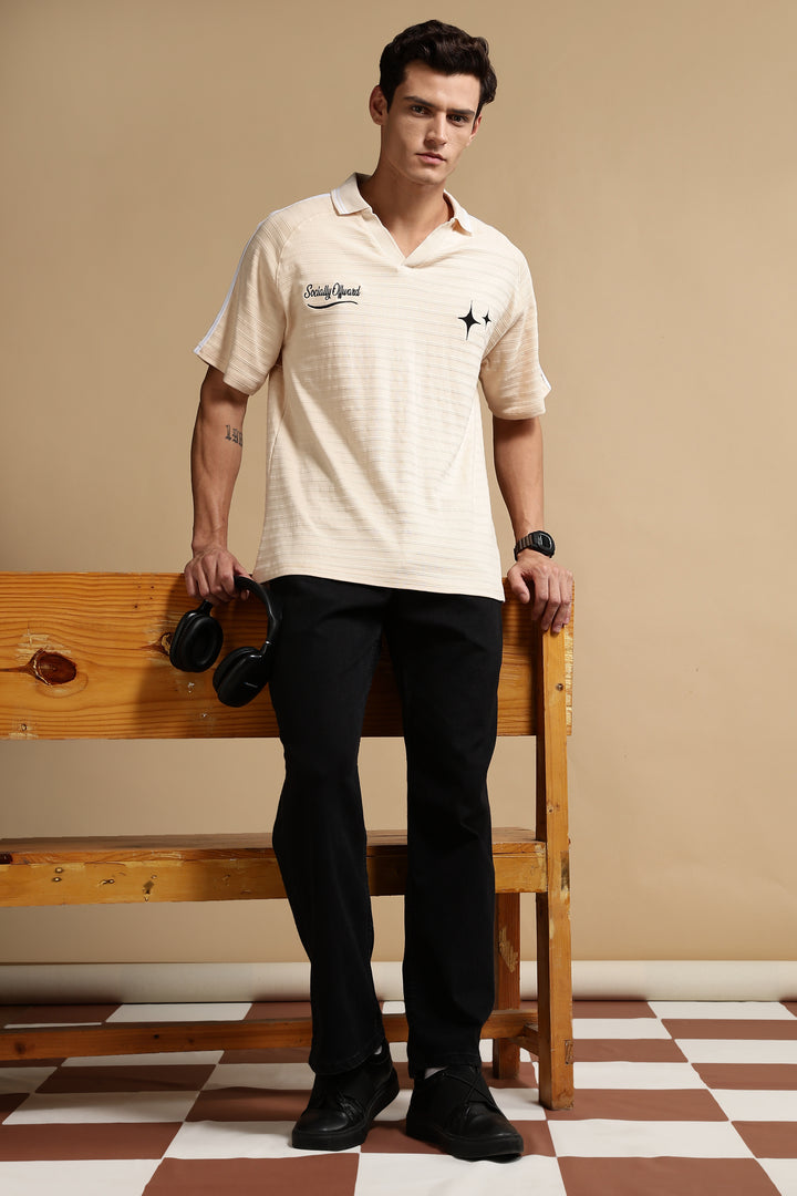 Textured Fabric Ochre Oversized Polo Shirt