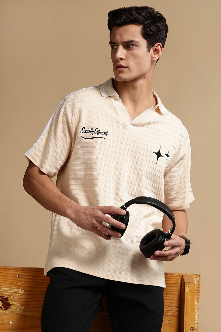 Textured Fabric Ochre Oversized Polo Shirt