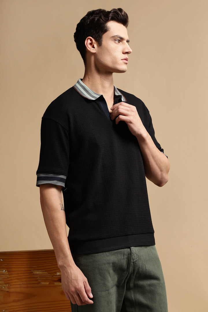 Textured Fabric Black Oversized Polo shirt