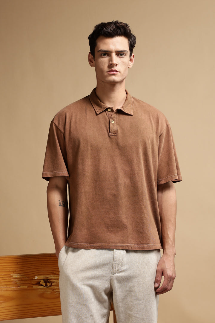 Acid Washed Brown Oversized Polo