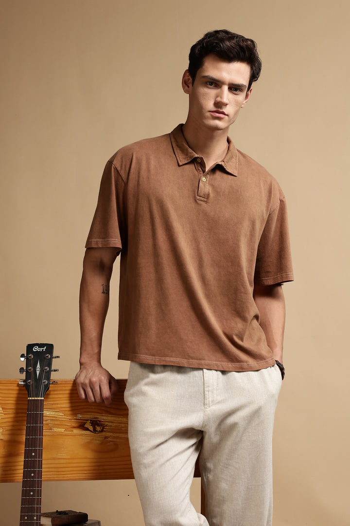 Acid Washed Brown Oversized Polo