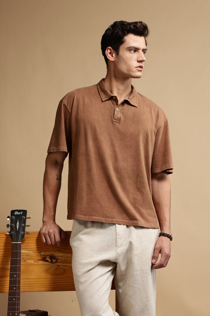 Acid Washed Brown Oversized Polo