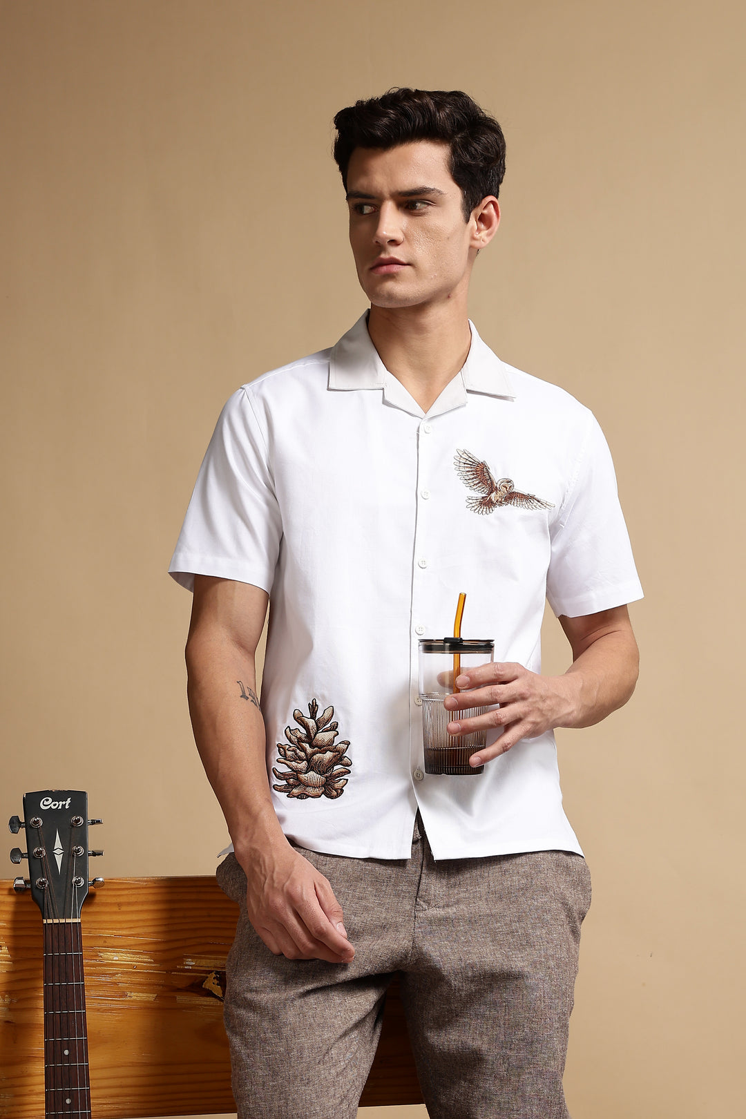 White Desert Embroidery Cuban Shirt