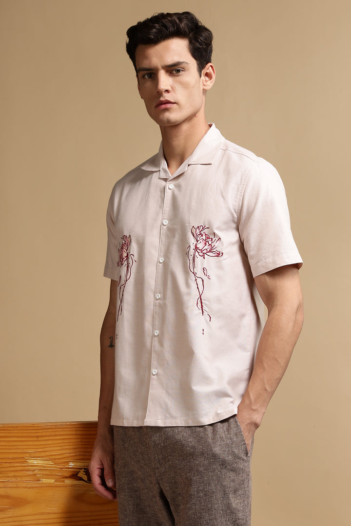 Flowers: Beige Embroidery Cuban Shirt