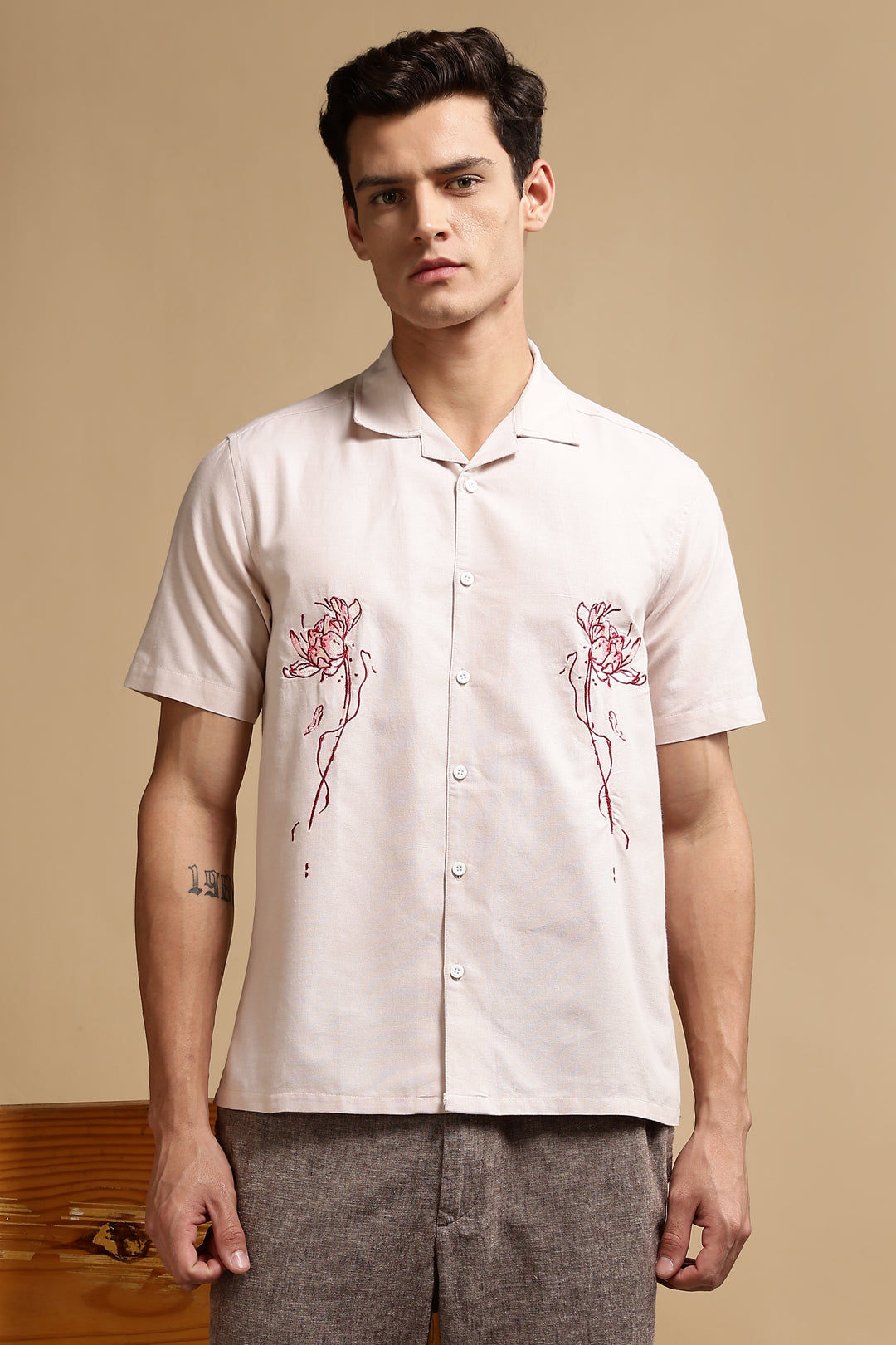 Flowers: Beige Embroidery Cuban Shirt
