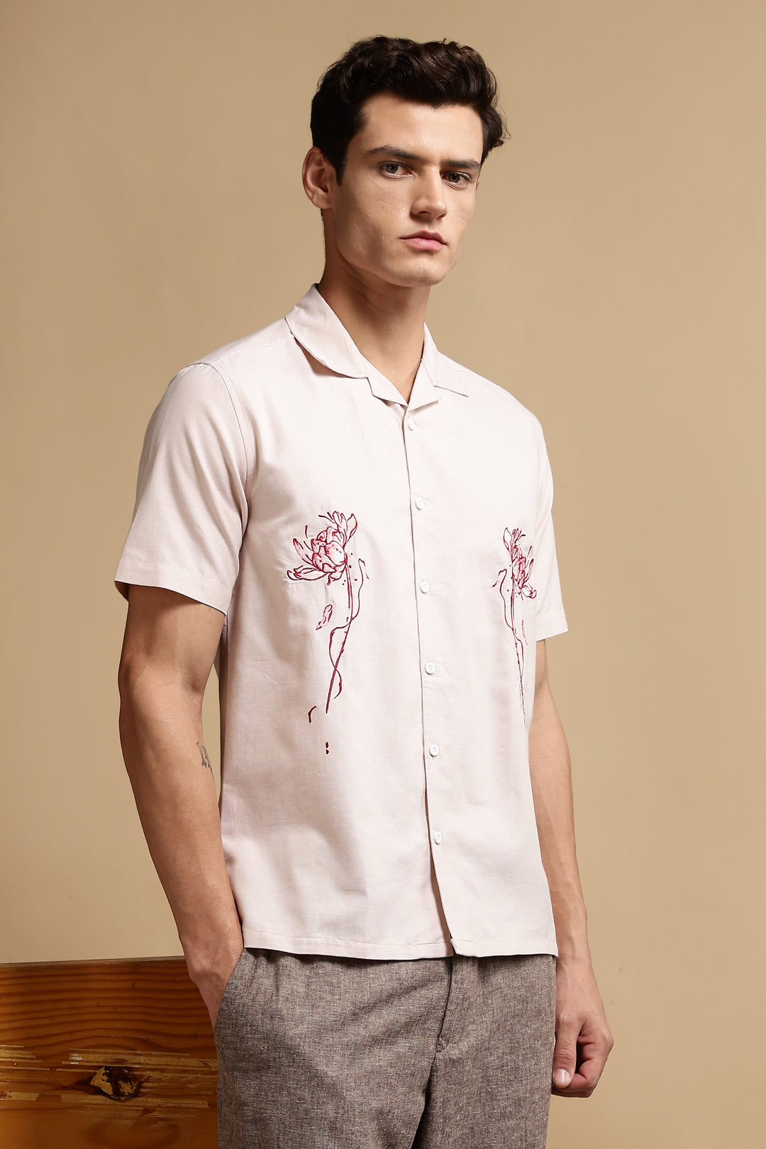 Flowers: Beige Embroidery Cuban Shirt