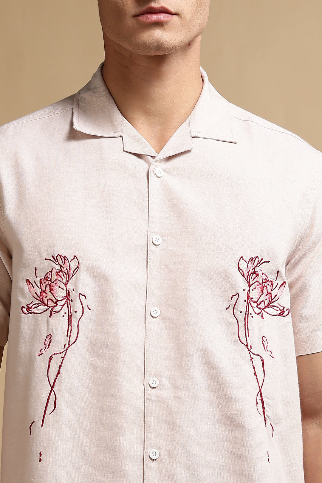 Flowers: Beige Embroidery Cuban Shirt