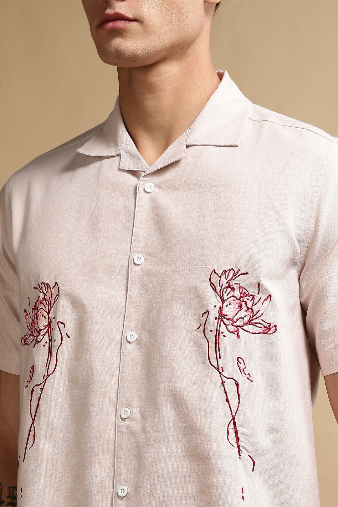 Flowers: Beige Embroidery Cuban Shirt