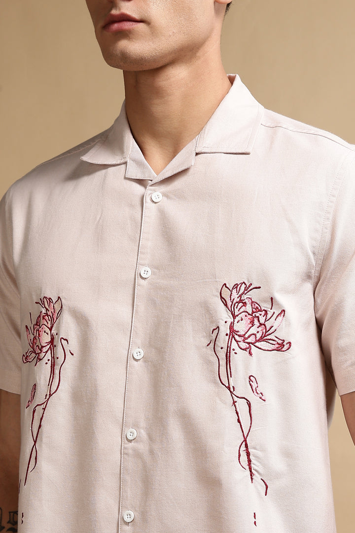 Flowers: Beige Embroidery Cuban Shirt