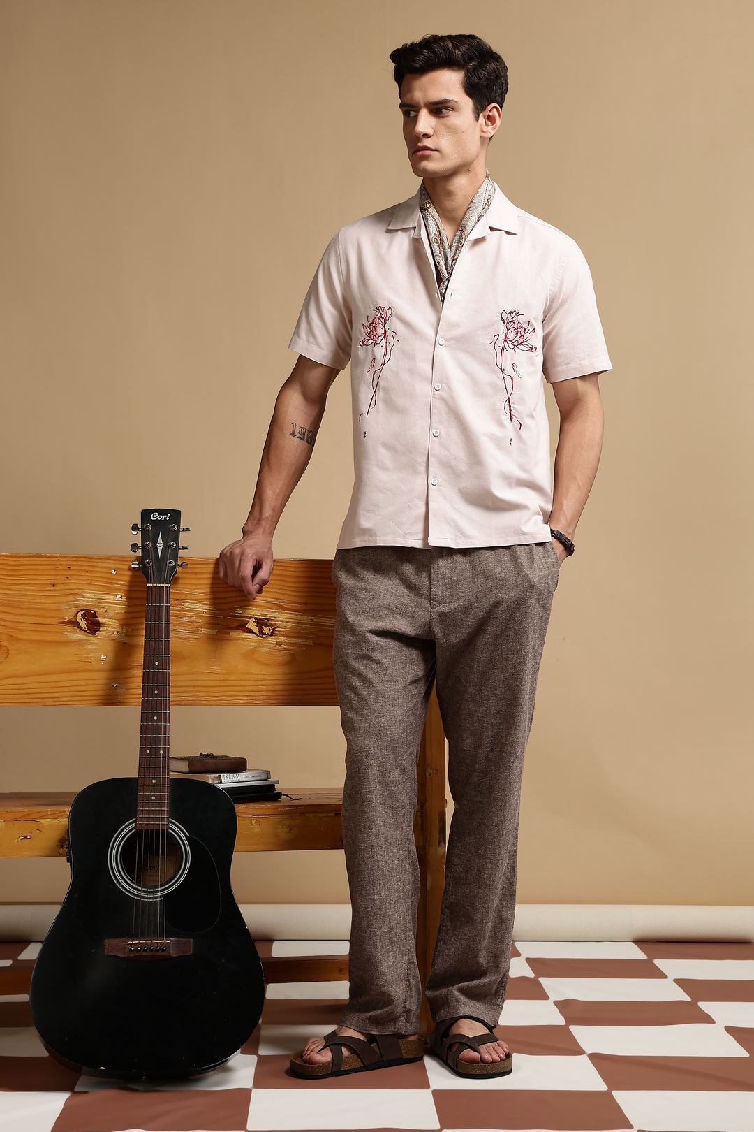 Flowers: Beige Embroidery Cuban Shirt