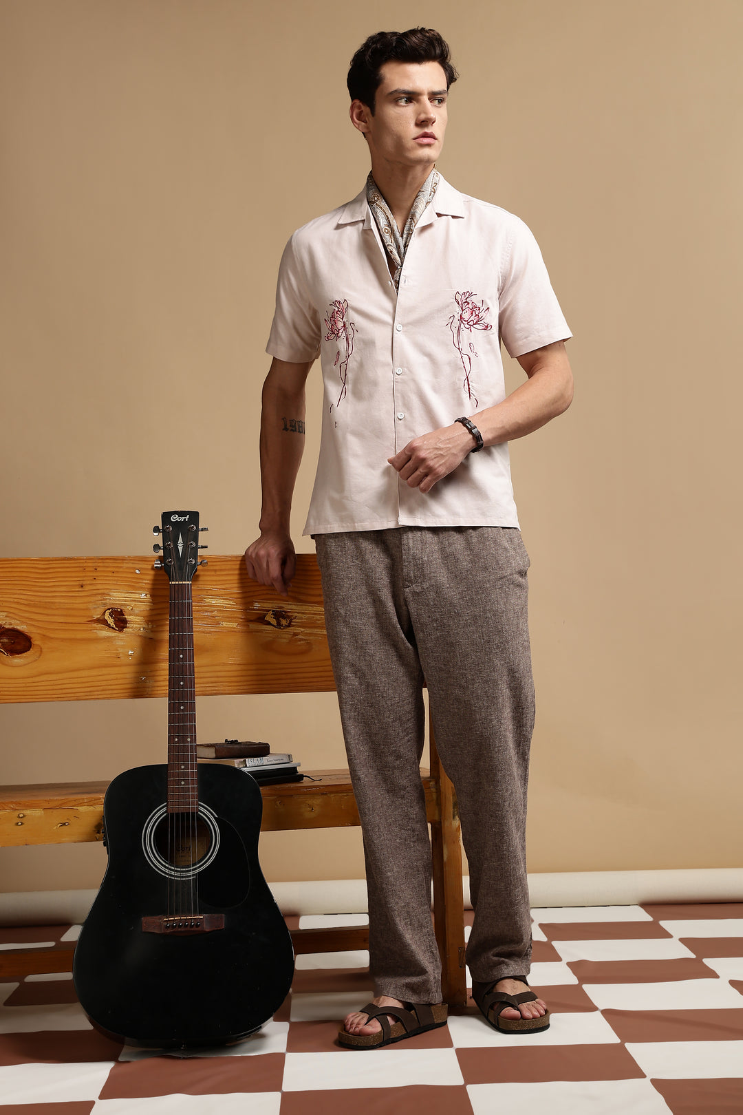 Flowers: Beige Embroidery Cuban Shirt