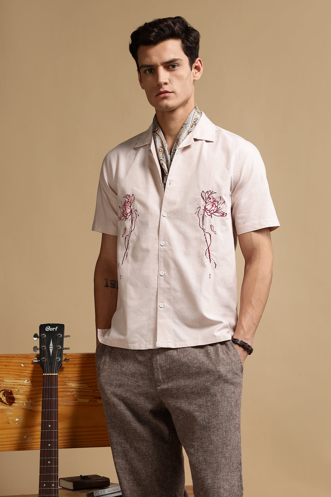Flowers: Beige Embroidery Cuban Shirt
