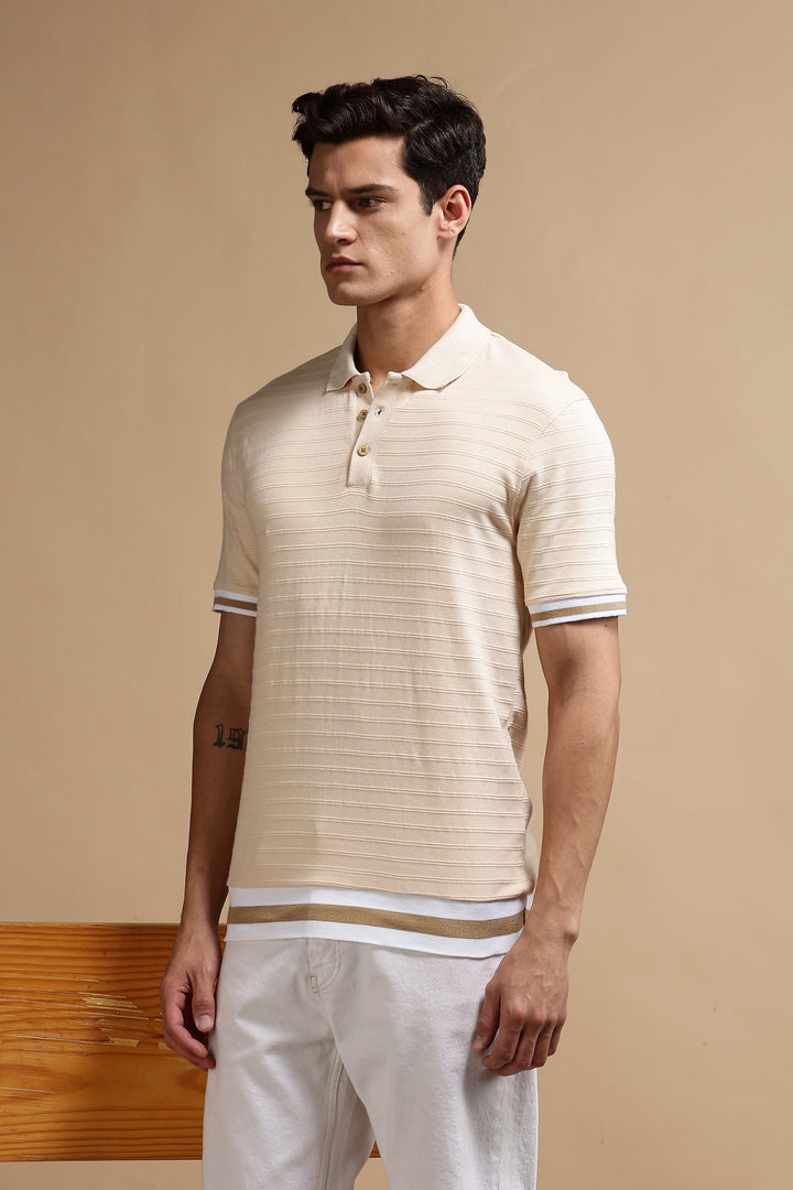 Classic Ochre Stripes Textured Polo