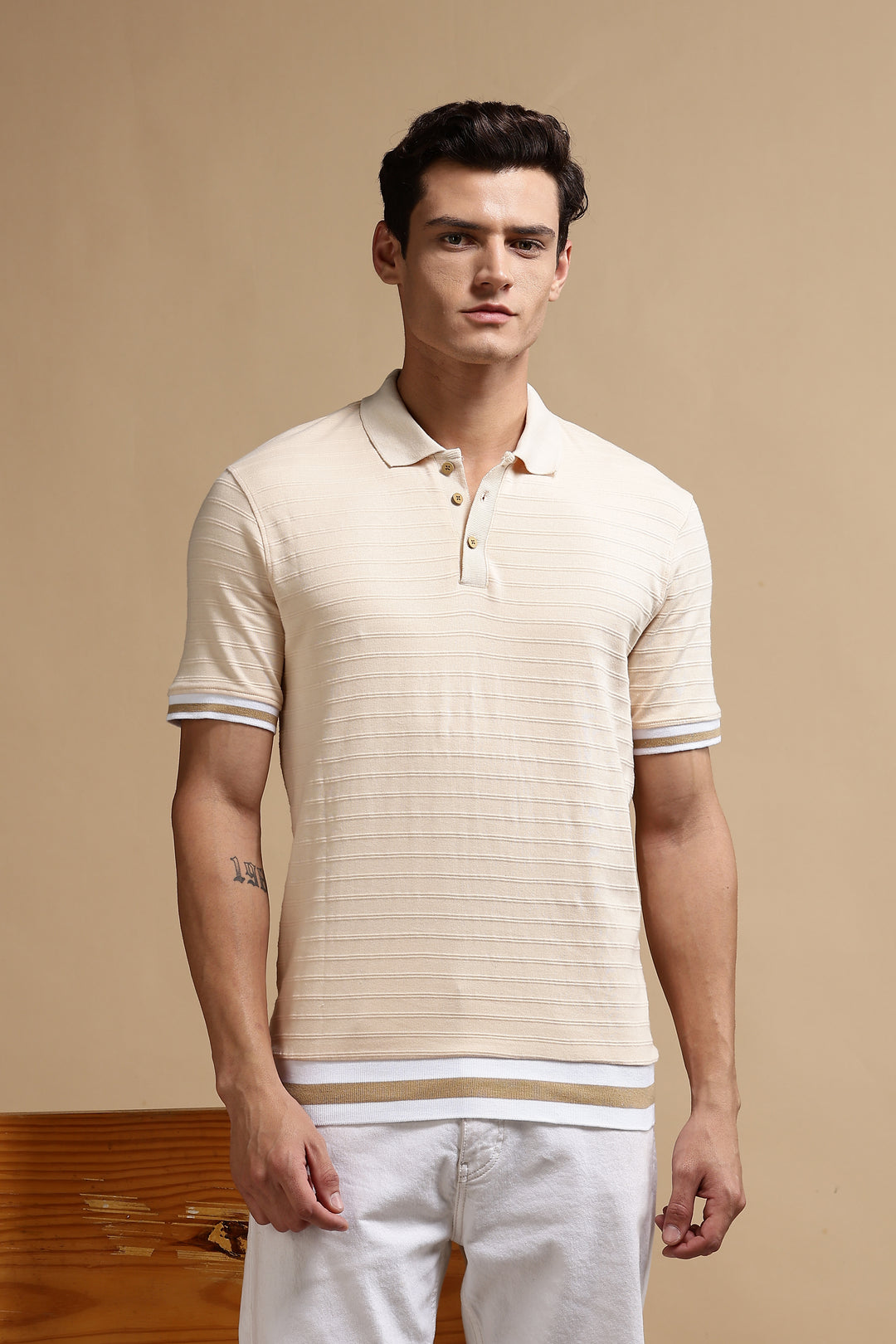 Classic Ochre Stripes Textured Polo