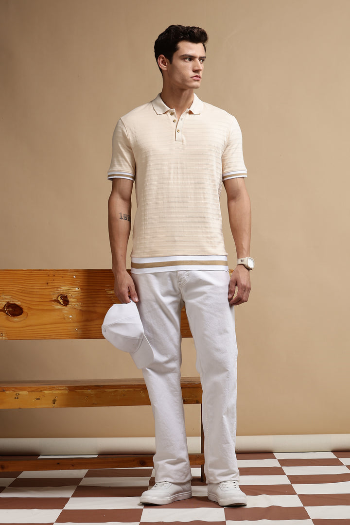 Classic Ochre Stripes Textured Polo