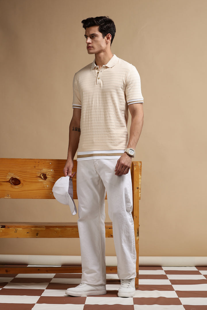 Classic Ochre Stripes Textured Polo