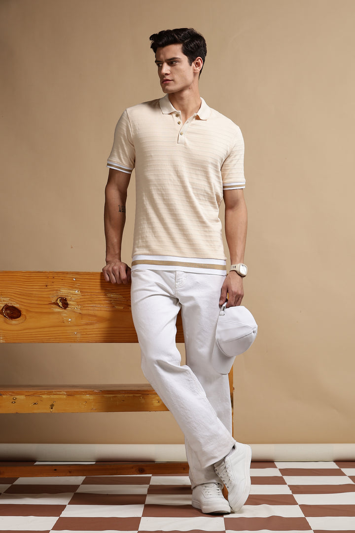Classic Ochre Stripes Textured Polo