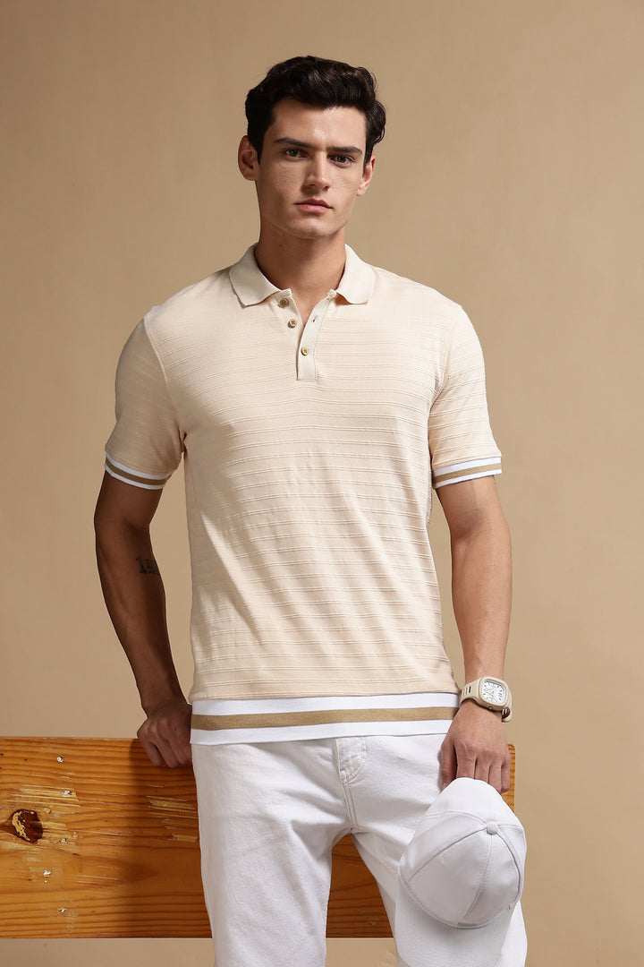 Classic Ochre Stripes Textured Polo