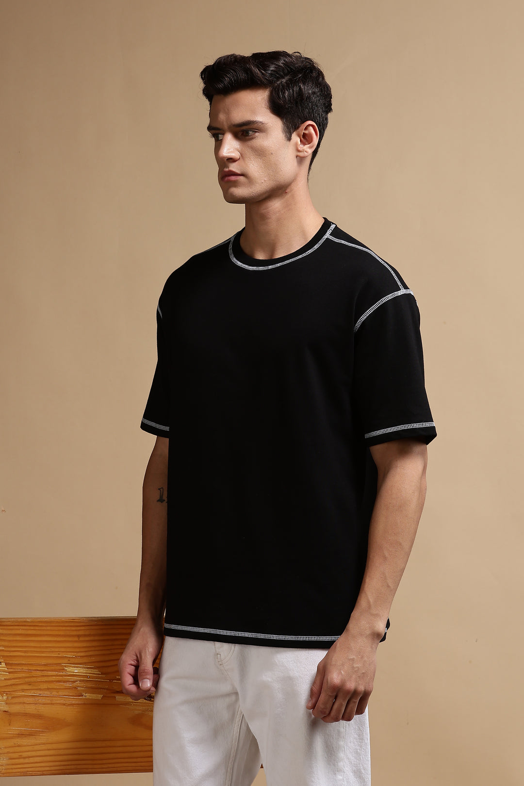 Contrast Stitch Black Oversized T-shirt