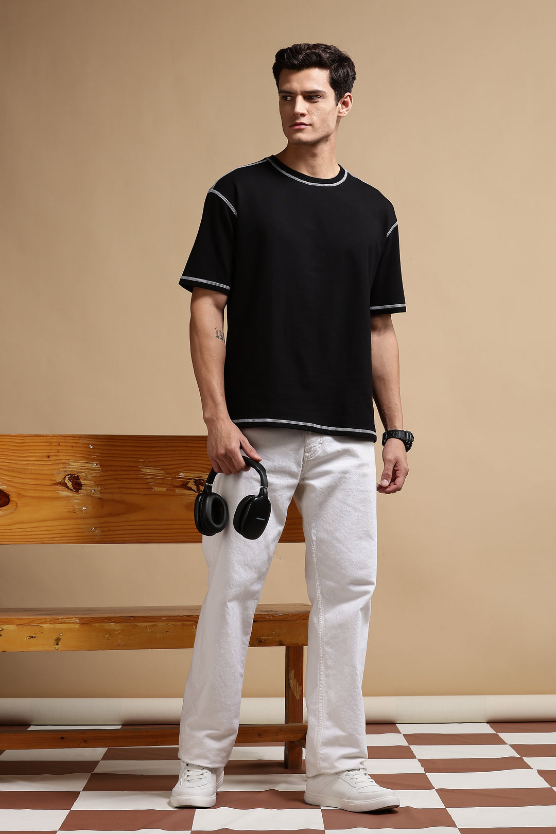 Contrast Stitch Black Oversized T-shirt