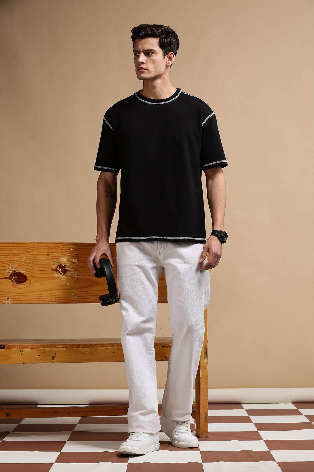 Contrast Stitch Black Oversized T-shirt