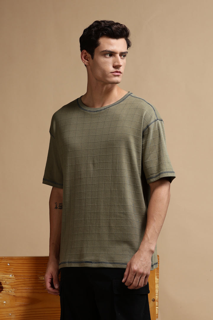 Textured Fabric Olive Oversized T- Shirt