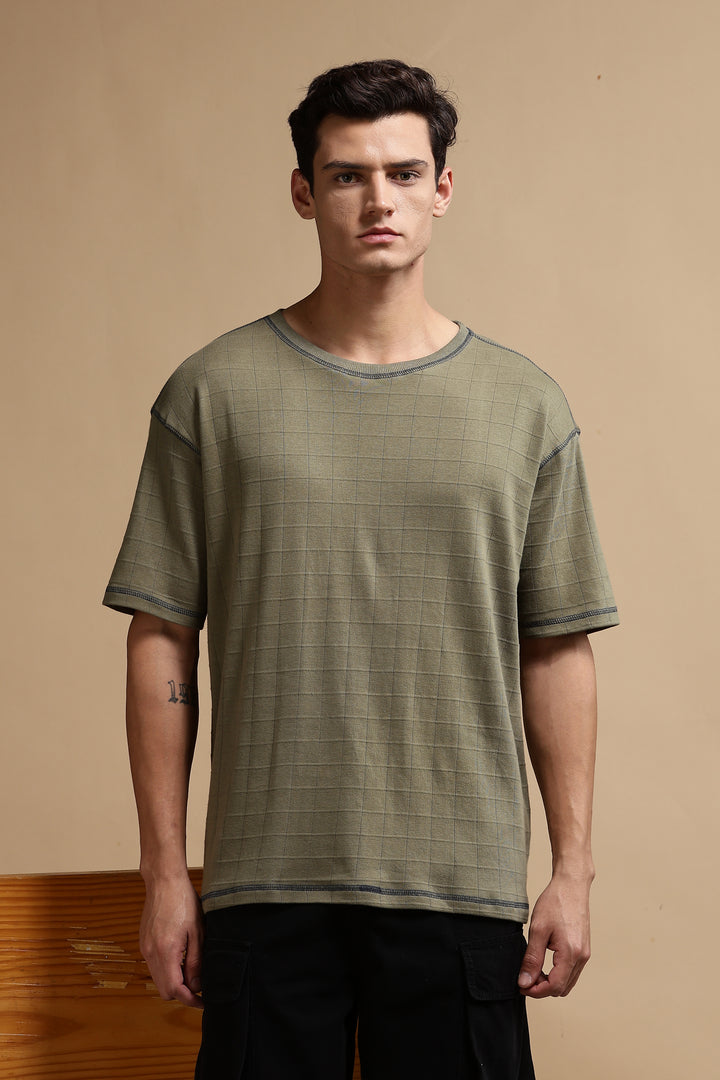 Textured Fabric Olive Oversized T- Shirt