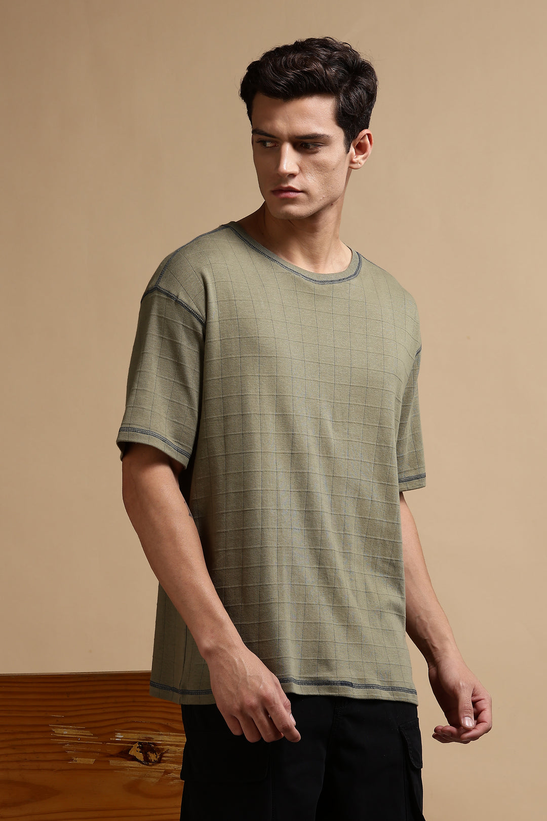 Textured Fabric Olive Oversized T- Shirt